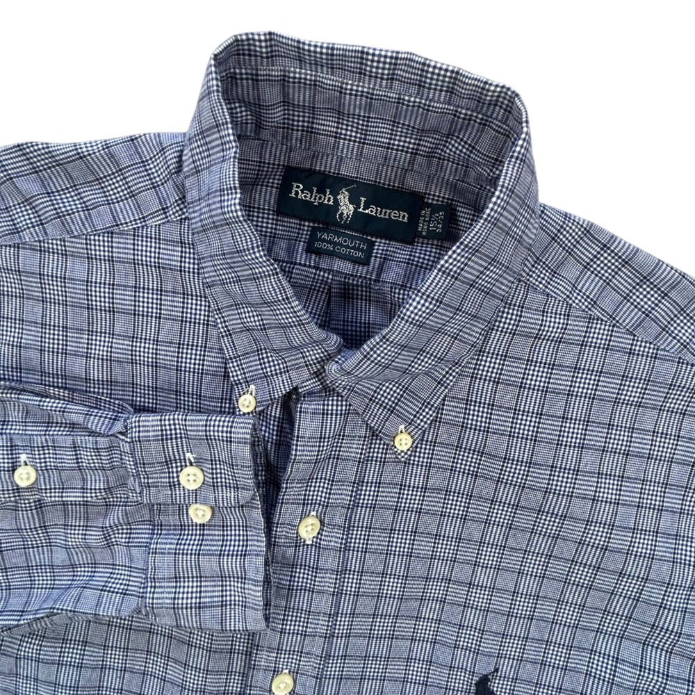 Vintage Ralph Lauren Yarmouth Shirt Mens 15.5 34/35 Blue Glen Plaid Cotton 90s